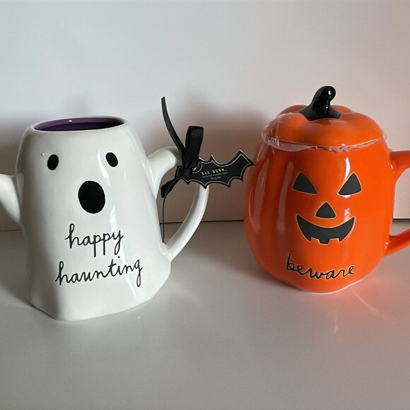 Rae Dunn Halloween Mug Set Ghost Happy Haunting Pumpkin Beware With Topper BNWB - Picture 2 of 16